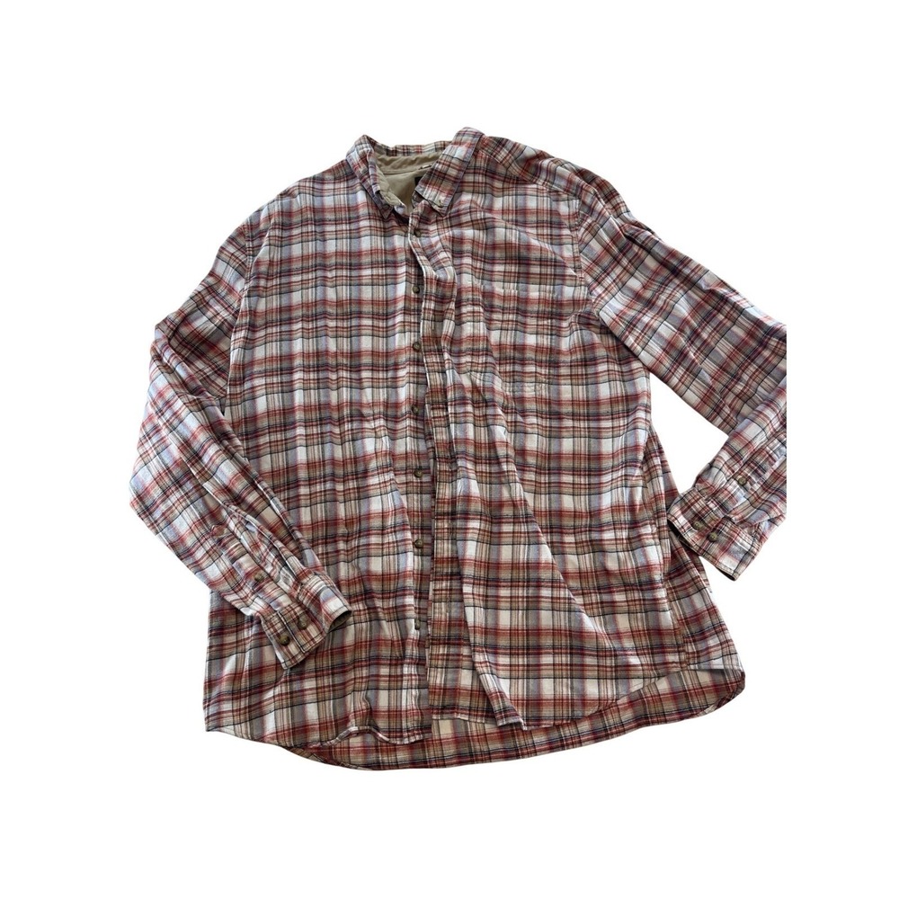 Eddie Bauer Mens XL Tall Plaid Flannel Shirt Red White Long Sleeve Button Down